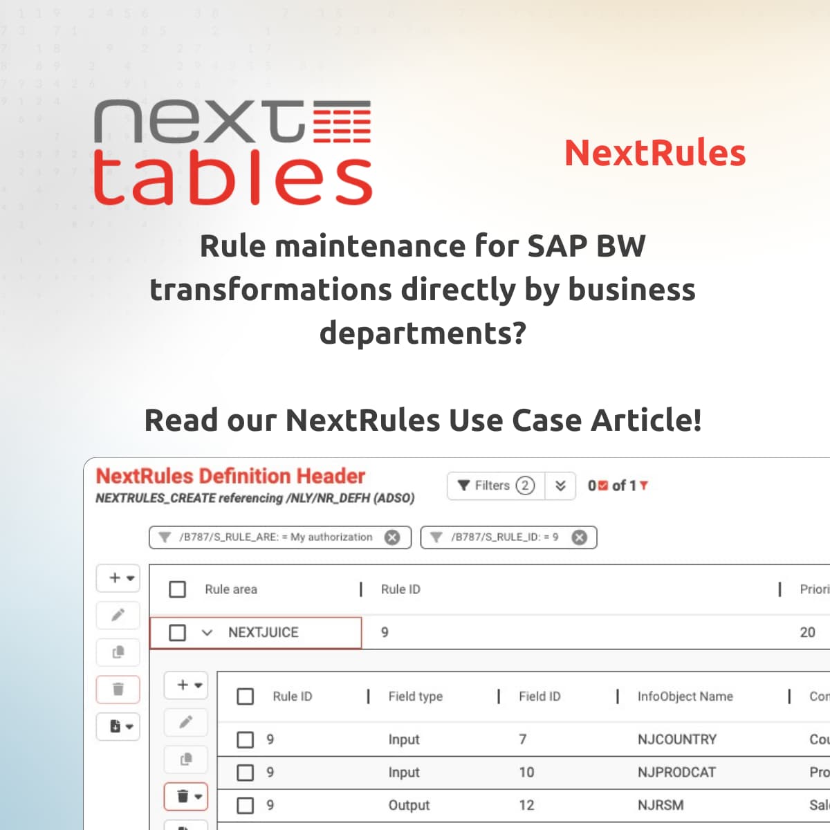 How to maintain transformation rules for SAP BW in NextTables